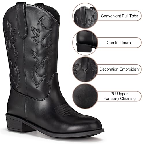 Cowboy Cowgirl Boots for Girls Boys Almond Toe Fashion Embroidery Western Mid Calf Riding Boots(Little Kid US 1,Black)2