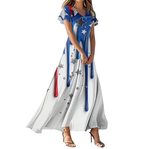 TWGONE Fourth of July Dresses for Women American Flag Patriotic High Waist Short Sleeve Maxi Summer Beach Dresses 2025