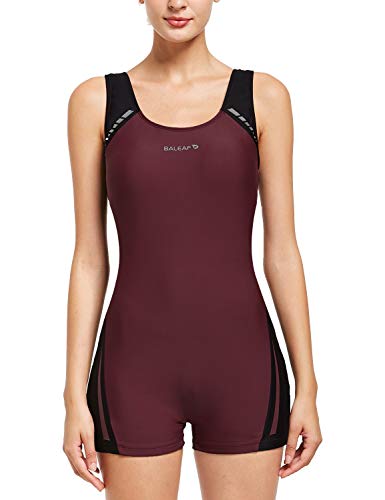 BALEAF Women's Boyleg Athletic One Piece Swimsuit Colorblock Sporty Bathing Suits Wine/Black 44