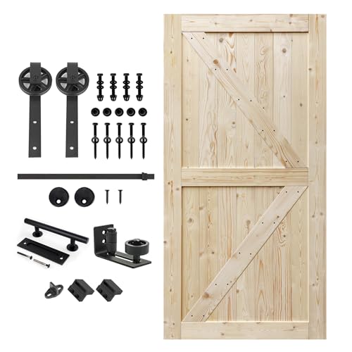 S&Z TOPHAND 42 in. x 84 in. Unfinished British Brace Knotty Barn Door with 8FT Sliding Door Hardware Kit/Solid Wood/Sliding Door/Double Surfaces/A Simple Assembly is Required