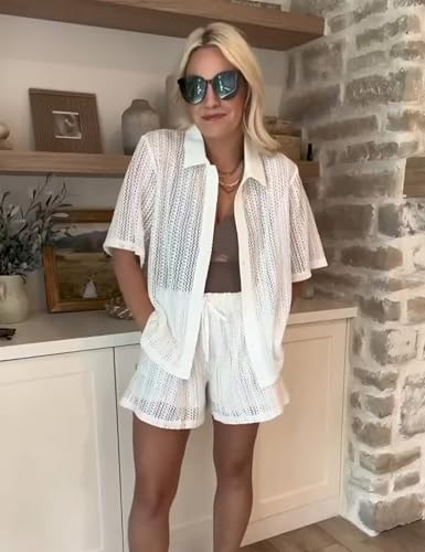 Two Piece Crochet Swimsuit Cover Ups for Women Hollow Out Knit Half Sleeve Tops Shorts Set3