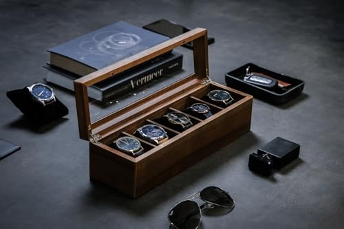 Image of Wooden Watch Box | 5 Slot Rectangular Sheesham Wood Watch Organizer | Handmade Watch Storage Case for Men & Women | Wooden Watch Holder Gift Box
