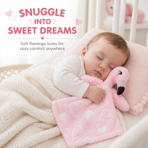 Image of June Garden Cozy Dream Fleece Baby Security Blanket - Infants Nursery Bed Blankets - 15 x 15 inches Lovey - Stuffed Flamingo Animal Plush - Pink