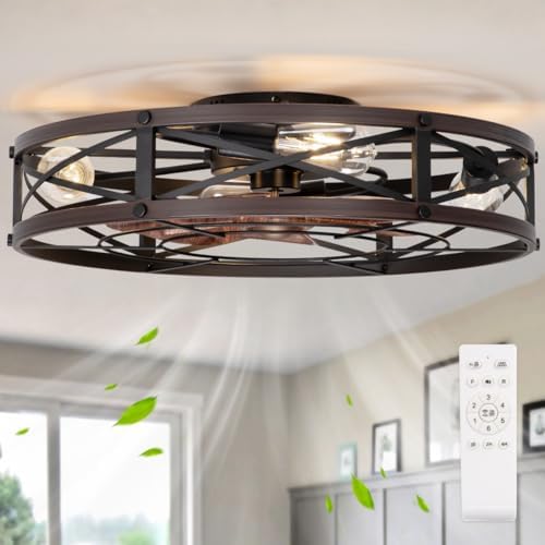SHLUCE 24" Farmhouse Caged Flush Mount Ceiling Fan with Light, Rustic ...