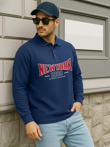 Image of Veirdo Men's Oversized Loopknit Cotton Polo Neck T-Shirt | Oversized Baggy Fit Full Sleeve Casual Streetwear Top with Ribbed Cuffs S-XXL