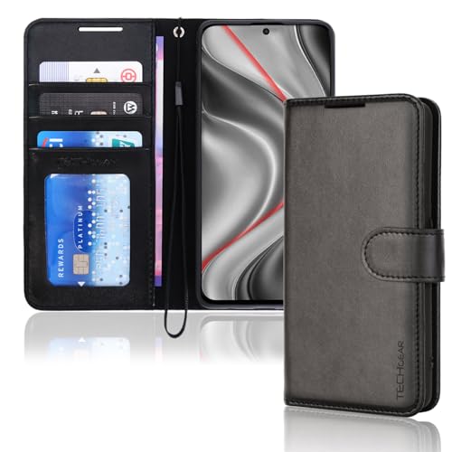 TECHGEAR for Motorola Moto E15 / G05 Phone Case PU Leather Wallet Case Cover [RFID BLOCKING] Card Holder Stand Wrist Strap Magnetic Closure Shockproof Protection For Moto E15 / G05 - Black