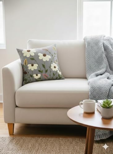 Image of CASA-NEST Linen Embroidery Cushion Cover, Size -16x16 inch, Pack of 2 pc, Decorative Sofa Cushion (Grey, 2)