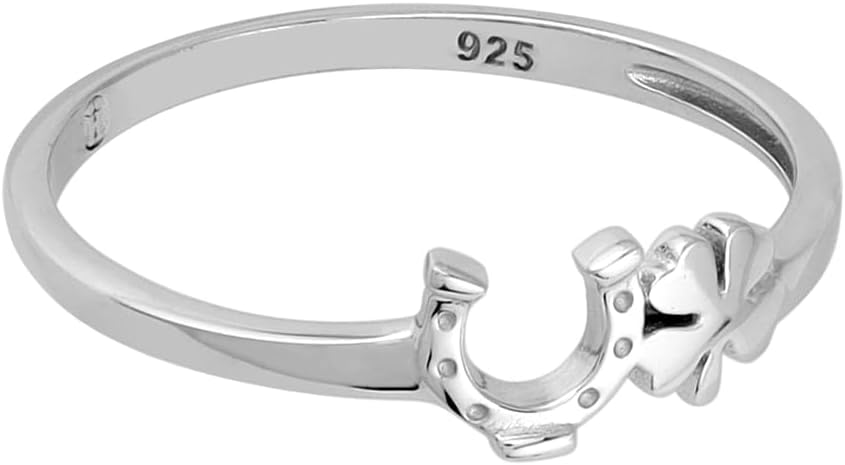 Silvershake Petite White Gold Plated 925 Sterling Silver Minimalist Chic Horseshoe and Four-Leaf Clover Lucky Casual Stackable Ring Jewelry for Women