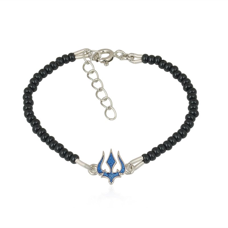 LBV 925 Sterling Silver Blue Trishul Charm Black Beads Nazariya for Baby adjustable for 0-2 year