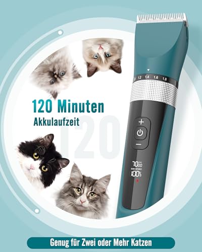 oneisall Schermaschine Katze Leise, Profi Haarschneidemaschine für langhaarkatzen, 5-Geschwindigkeiten Katzenrasierer mit LCD-Display, IPX6 Wasserdicht, Einfache Reinigung (Grün)