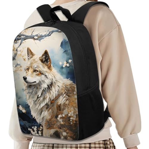 ENLACHIC 3D Wolf Backpack for School, Boys Girls Cool Animal Print School Bag Durable Casual Daypack College Bookbag,Wolf Floral4