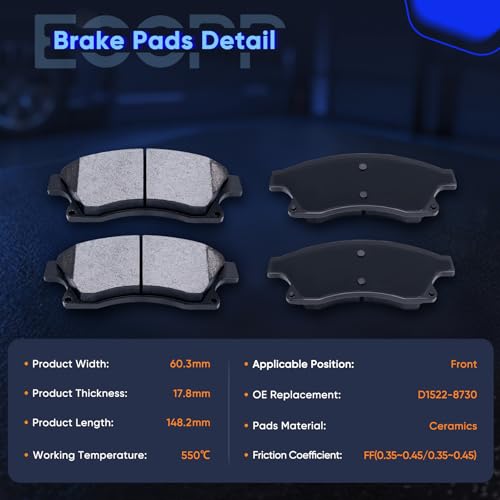 Image of Front Brake Pads,ECCPP 4pcs Pads Kits For Chevrolet For Cruze 2011-2015 | Ceramic Brake Pads Kits For Chevrolet For Sonic 2012 2013 2014 2015 2016 2017,ATD1522C,D1522-8730;w /Hardware