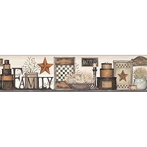 York Wallcoverings Country Keepsakes Family Shelf Border Removable Wallpaper Beige Taupe Black Brown Tan Red