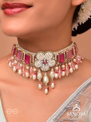 Image of SANJOYA by EVERSTYLISH Embroidered Choker Necklace for Women | Stone, Beads & Pearl Drop Statement Neckpiece | Ethnic Jewelry for Weddings, Festivals & Special Occasions