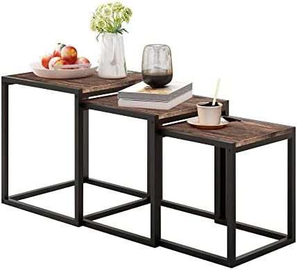 HOMERECOMMEND Nesting Coffee Table Modern Nesting Side Set of 3 End Table for Living Room Balcony Garden, etc,Square Wooden Accent Coffee Table with Solid Powder-Coated Metal Frame Black/White OAK