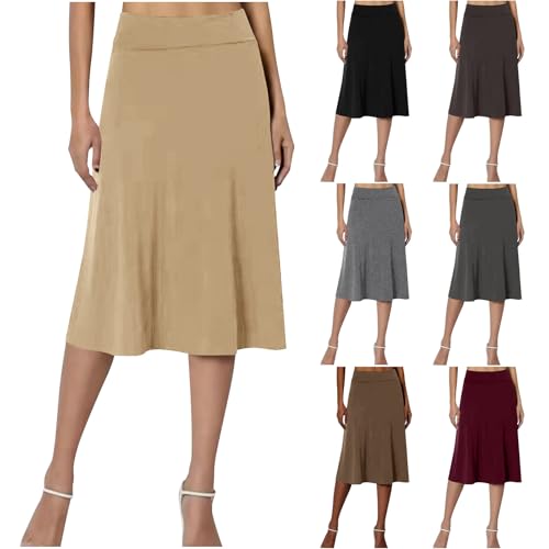 HGps8w Flare Midi Skirts for Women Casual 2025 Summer Elastic High Waisted Basic Solid A-Line Work Knee Length Stretchy Skirt2