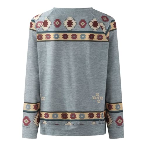 Teslawi Women Aztec Shirts Vintage Geometric Print Crewneck Casual Long Sleeve Ethnic Western Graphic Loose Tee Top For Lady (Color-2,Xl), X-Large #TOP4