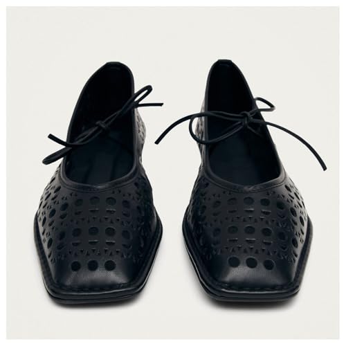Image of Ballet Flats for Women Lace Up Bow Square Toe Mary Janes Cute Ballerina Shoes Slip On Comfortable Elegant Dress Shoes