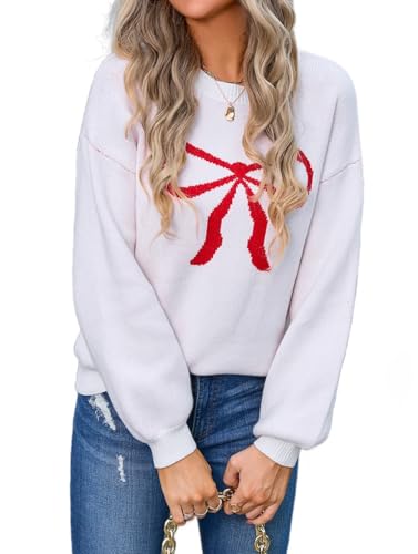 Image of Womens Knitted Pullover Bow Sweater Long Sleeve Crewneck Y2k Casual Bow Top