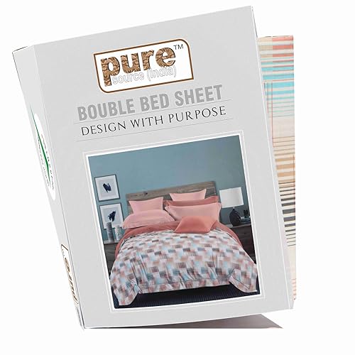 Image of Pure Source India Pure Cotton Elegance Bedding Set, Dreamy Cotton Comfort Double Bed Sheet with Pillow Covers (Blue Pink Brown Strips)