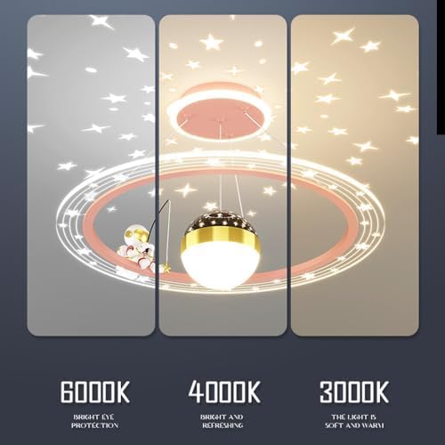 Astronaut LED Star Projector Ceiling Light - Dimmable Kids Pendant Chandelier for Nursery, Playroom, Baby Room - Colorful Pink, White, Blue Lighting Decor