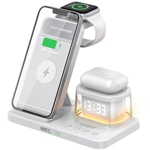 5 in 1 Foldable Wireless Fast Charger with Night Light Transparent Clock for Apple Devices for iPhone 15 14 13 12 11 Pro Max Apple Watch AirPods Series for Apple Watch for Airpods – White