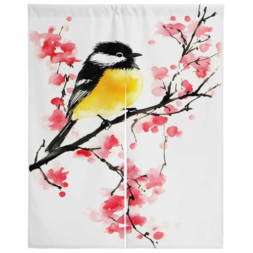 Lalirulero のれん 遮光 幅100x丈250cm おしゃれ 暖簾カーテン 間仕切り 仕切り 防寒 防音 目隠し 厚手 和風 出入り口 グッズ 寝室 玄関 キッチ リビング 春夏秋冬 鳥 木の枝 桃の花 水彩画 動物 植物 風景
