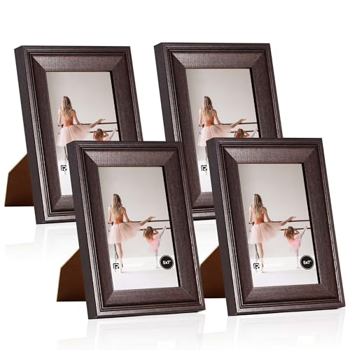 Image of iRahmen 5x7 Picture Frame Set of 4, Dark Brown Rustic Retro Photo Frame with Real Glass, 5 x 7 Frames for Wall Mount and Tabletop Display