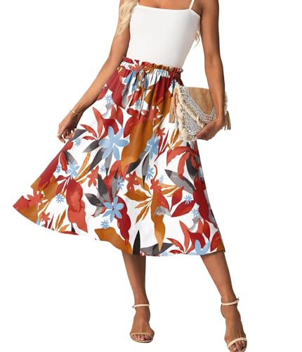 GRECERELLE Womens Summer Midi Skirts Boho Flowy Casual High Waisted Palazzo A-Line Skirt with Pockets & Adjustable Tie Belt (White Maple Flower, L)