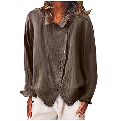 Women's Casual Cotton Linen T-Shirt Fashion Vintage Long Sleeve Sweatshirts Solid Buttons Jacket Blouse Top Tunics Brown