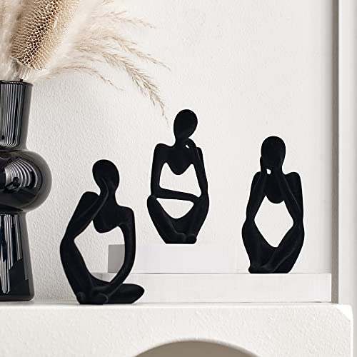FJS Living Room Decor, Flocked Decor Thinker Statue, Black Decor Statue Abstract Art Sculpture, Sculpture for Home Living Room Office Shelf Table Decoration, Set of 3 (Black) - Thumbnail 3