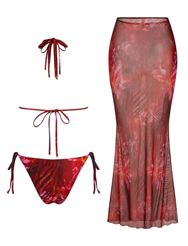 Image of ZAFUL Women's 3 Piece Floral Swimsuit Draped Neck Halter Bikini Tie Side Bathing Suit with Sheer Cover Up Skirt