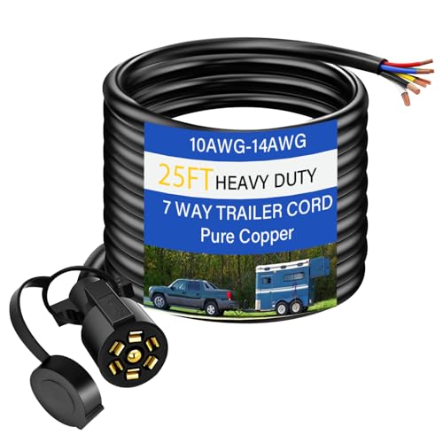 Image of 25 FT Heavy Duty 7 Way Trailer Cord Pure Copper 7 Way Trailer Plug Inline Cord 300 inch 7 Pin Trailer Wiring Harness Double Blade Molded 7 Pin Round Plug for Rvs Camper