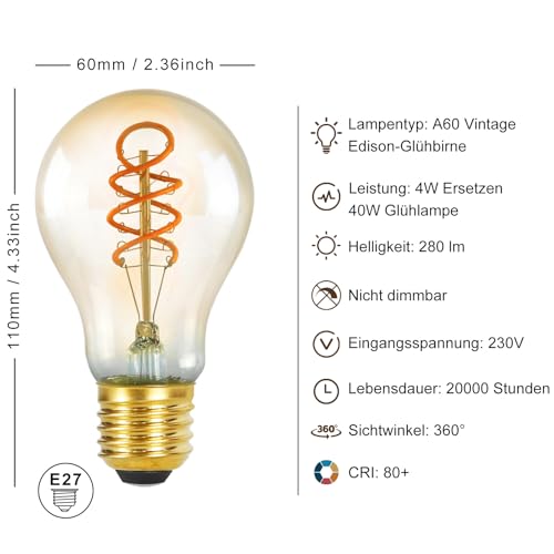 GBLY 3er LED Glühbirne E27 Vintage Lampe - A60 Warmweiß Filament Leuchtmittel 2200K Edison Retro Glühlampe 4W Dekorative Birne Antike… – Ansicht 2