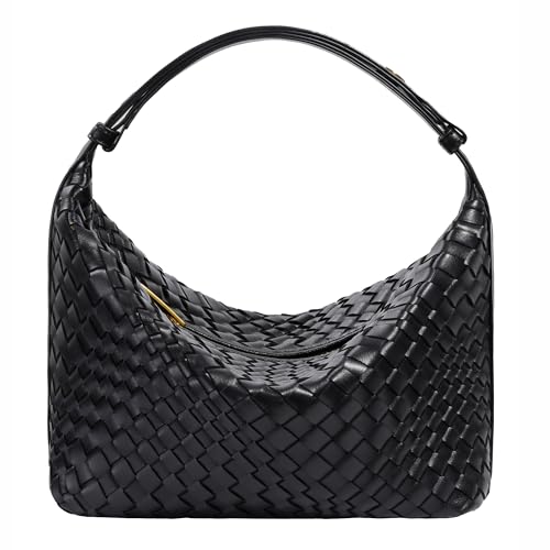 Woven Leather Tote Bag for Women, Soft Leather Shoulder Bag, Top Handle Handbag with Clutch Purse, Trendy Underarm Hobo Bag, Black