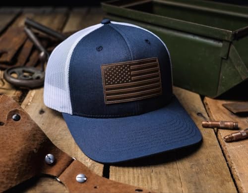 Image of 13 STRIPES American Flag Hat - Leather Patch Mesh Back Snapback Hat for Men & Women USA Flag Trucker Hat, Casual Unisex Hat