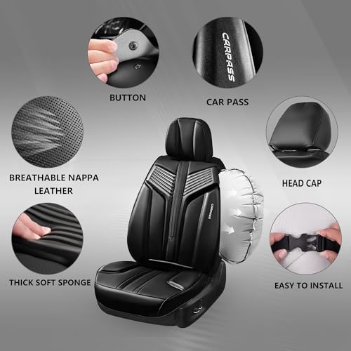 Image of CAR PASS Nappa Leather Car Seat Covers Front Seats, Luxury Cushioned Front Seat Covers, Waterproof Drive Seats Anti-Slip Full Coverage Universal Fit for SUV Truck Sedan Automotive Black (2pcs, Black)