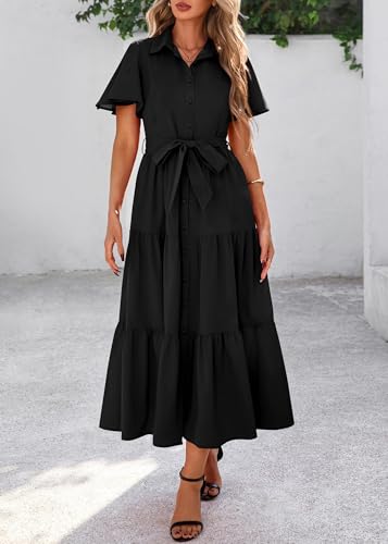 Image of KIRUNDO Summer Button Down Wedding Guest Shirt Dresses for Women Maxi Flutter Short Sleeve Flowy Tiered Beach Sun Dress