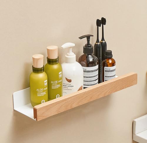 AJINGELA Wall Mounted Floating Metal Shelf Ledge,White Bathroom Shelf Wall Mount Shelf Decorate with Solid Wood Edges Space Saving Rustproof Extra Strong Floating Shelves Storage Rack(40CM)