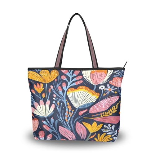 Ewusp Bolso de mano de lona con cremallera y flores de acuarela para mujer, bolso de hombro casual para viajes, compras, trabajo, a, 17.72' L x 13.0' H x 5.2' W