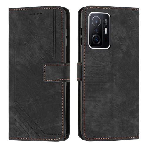Étui Xiaomi 11T avec dragonne et portefeuille en cuir noir amovible