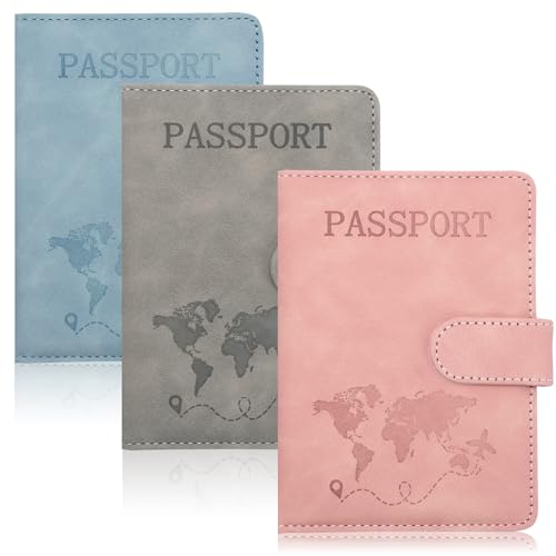 SHILIPAIJC 3 Piezas Funda Pasaporte, Cuero PU Porta Pasaporte Porta Documentos para Viaje con Bloqueo RFID, Passport Cover Portadocumentos Viaje con Etiqueta Maleta para Crédito Tarjeta de Identidad