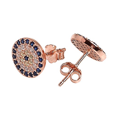 Round Blue Evil Eye Stud Earrings Sterling Silver 925 Eardrop Cubic Zirconia Charms 9x9mm[Rose Gold]