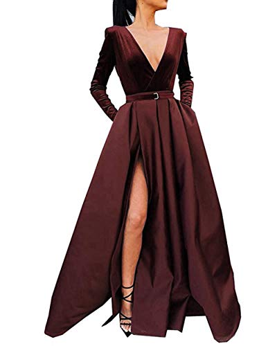 Meaningful Women's V-Neck Velvet Satin Prom Evening Dresses Slit Long Sleeve Formal Gowns with Pockets Burgundy US22