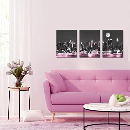Sycdeor Romantic Black And Pink New York City Night Scenes Canvas Wall Art- Modern Cityscape Sailboat Building Prints Painting For Living Bedroom Home Decor 3Panels Each 12"X16" #TOP4