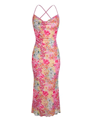 Image of SOLY HUX Women's Floral Mesh Bodycon Cami Dress Cowl Neck Sleeveless Cocktail Party Wedding Guest Long Maxi Dresses