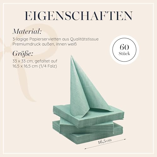 Serviettes vert eucalyptus 33x33 cm anti-déchirure décoration table fête 60 pcs - 4