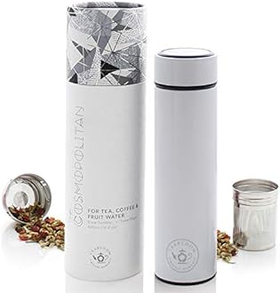 Teabloom All-Purpose Beverage Tumbler - 16 oz - 480 ml - Brushed Metal Insulated Water Bottle/Tea Flask/Cold Brew Coffee Mug - Extra-Fine Two-Way Infuser Travel Bottle - Pearl White