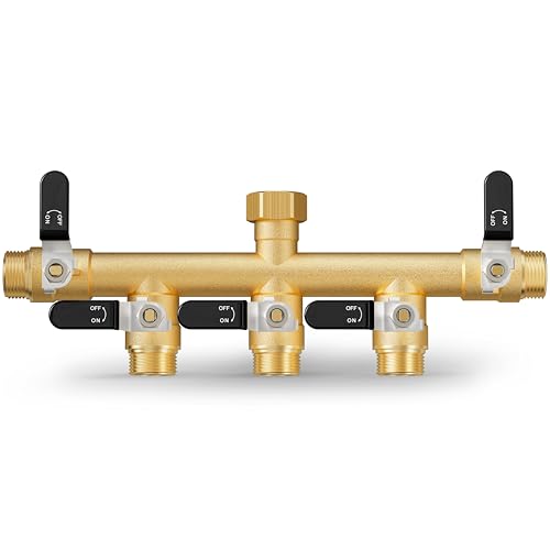 Garden Hose Splitter, 5 Way Heavy Duty Brass Hose Splitter, Water Hose Bib Spigot Splitter with 0.59" Full Flow Ball Valve Outlet & Shut-Off Valve 3/4'' Connector Outdoor Water Faucet Adapter