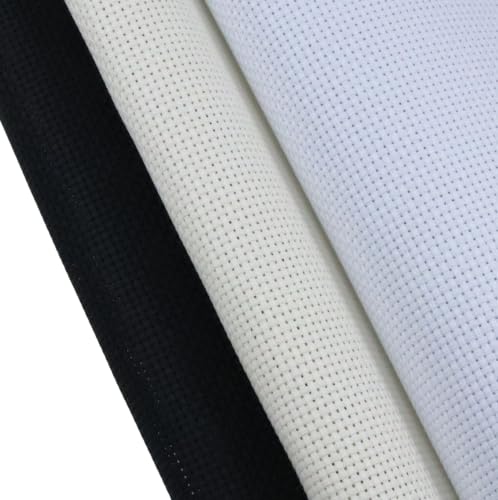 Image of KCS 3 pc of 15 inch x 18 inch(38cmx45cm) 11 Count Cross Stitch Cotton Aida Cloth Needlework Rolled Fabric Box,11CT,White+Antique White+Black